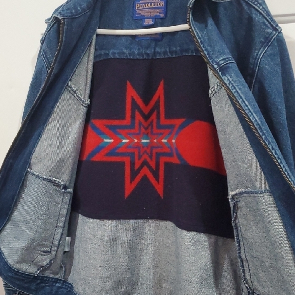 Pendleton High Grade WESTERN Wear denim Blanket Jacket WOOL star Insert Medium - Picture 4 of 13